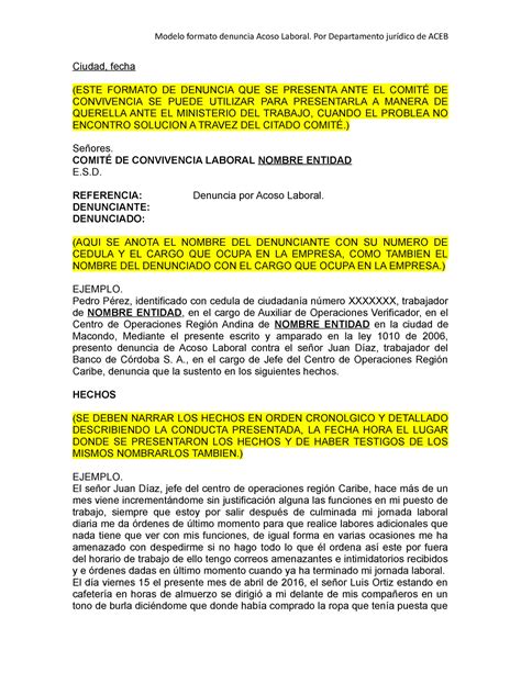 Modelo Denuncia Acoso Laboral Modelo Formato Denuncia Acoso Laboral