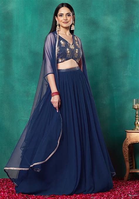 Buy Women Indigo Blue Lehenga Set With Floral Sequin Bead Hand Embroidered Blouse And Dupatta