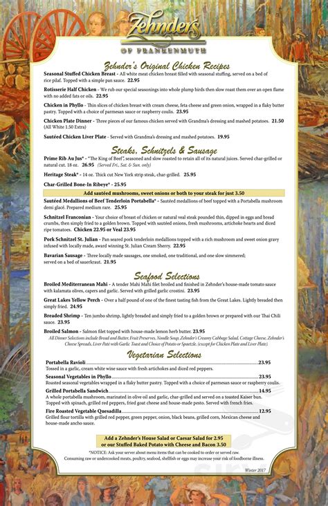 Zehnder's of Frankenmuth menu in Frankenmuth, Michigan, USA