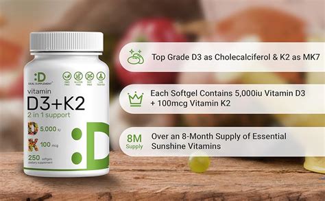 Deal Supplement 2 Pack Vitamin D3 K2 Softgel 250 Count 2 1 Complex Vitamin D3