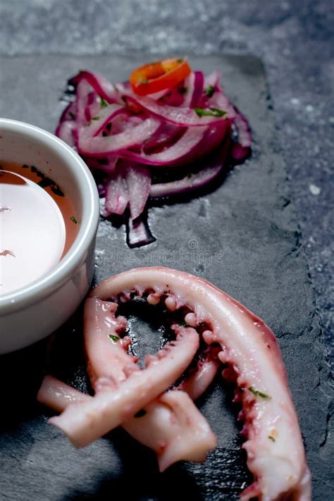 Peruvian Ceviche Served In A Signature Cuisine Close Up Of Squid