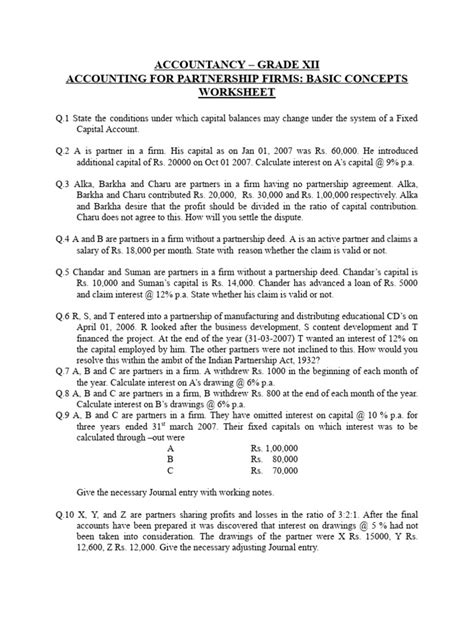 Accounting For Partnership Firms Worksheet Pdf Partnership Interest