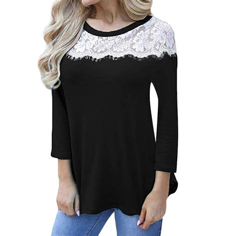 Buy Women Casual O Neck Lace Patchwork Long Sleeve Blouse T Shirt Tunic