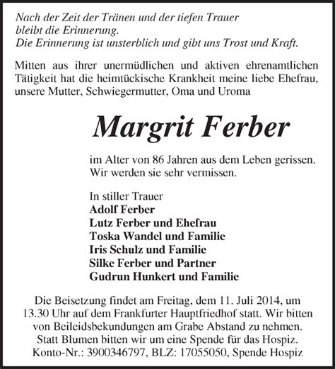 Traueranzeigen Von Margrit Ferber M Rkische Onlinezeitung Trauerportal