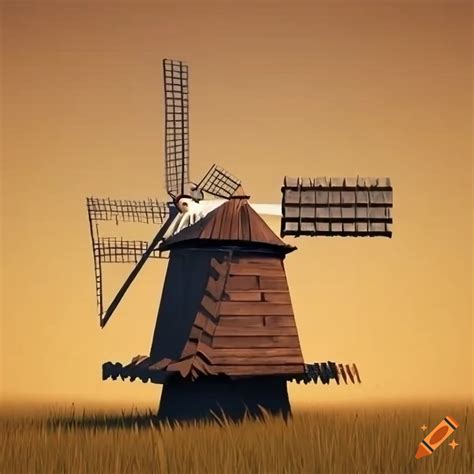 Elegant Wooden Windmill With Four Long Symmetrical Blades In A Bright Meadow Setting On Craiyon