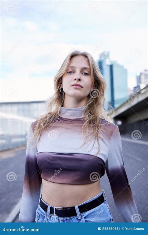 Portrait Young Woman And Natural Beauty Walk In City Street With