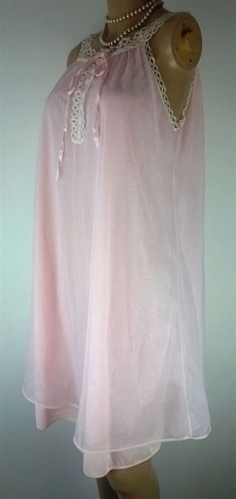 Vintage Babydoll Nightie Negligee S Pink Chiffon Lace Etsy