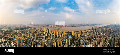 Wuhan skyline and Yangtze river with supertall skyscraper under ...