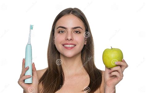 Electric Toothbrush Woman Toothy Smile Isolated On White Woman