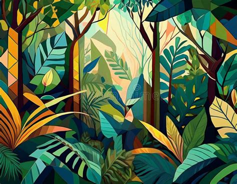 Illustration of a Tropical Rainforest with Various Plants and Trees Stock Image - Image of ...