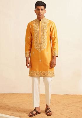 Buy Mustard Yellow Floral Embroidered Kurta Set For Men SHREYANSH