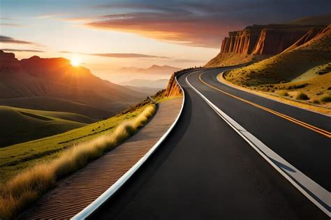 Premium AI Image | A road with a sunset in the background