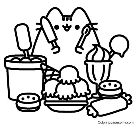 Pusheen With Ice Cream Coloring Page Free Printable Off