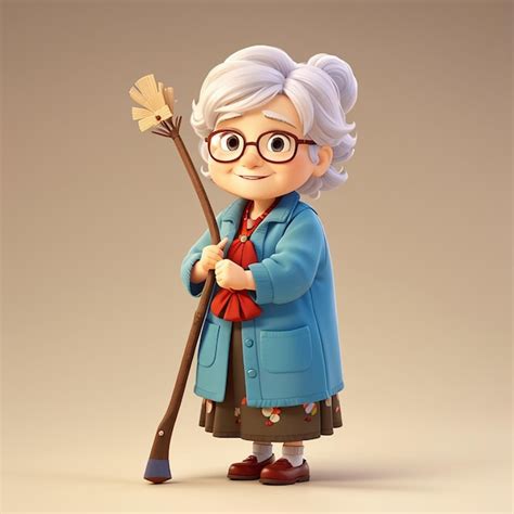 Premium Photo Cute Grandmother Cartoon Standing Bring Stick