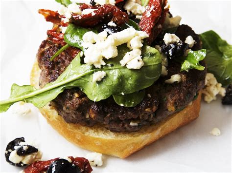 Mediterranean Lamb Burger With Feta Cheese Sun Dried Tomatoes And Olives Recipe Eat Smarter Usa