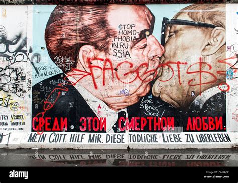 Leonid Brezhnev and Erich Honecker depicted on the Berlin Wall Germany ...