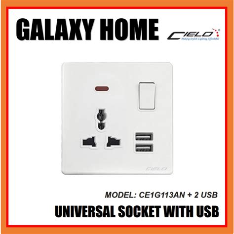 CIELO CE1G113AN 2USB 1 Gang 3 Pin Universal Socket With Neon And 2 USB