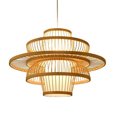 Handwoven Bamboo Suspension Light Chinese Style Light Wood Hanging