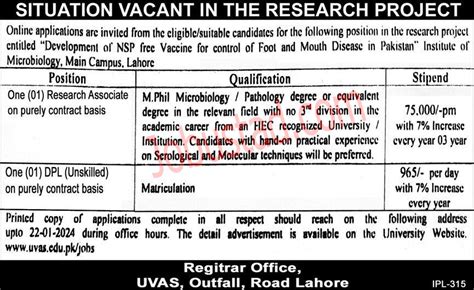 Uvas University Jobs In Lahore January Advertisement