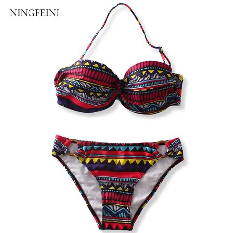 Ningfeini Retro Brazilian Bikini Set Geometric Print Swimwear Women