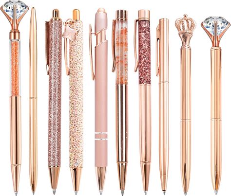 10Pcs Rose Gold Ballpoint Pens Set Black Ink Retractable Crystal