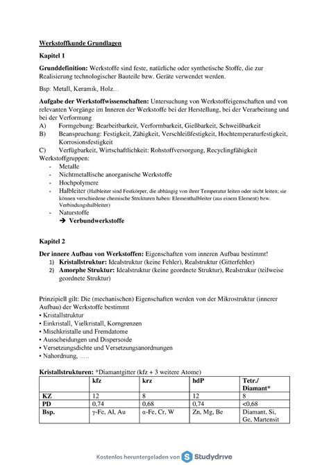 WK Zusammenfassung Metalle Werkstoffkunde Grundlagen Kapitel 1