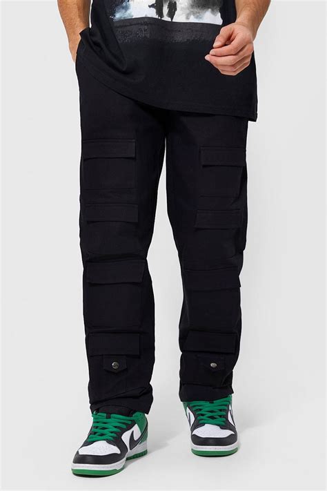 Straight Stacked Multi Pocket Cargo Trousers Boohoo Uk