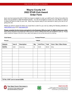 Fillable Online Wayne Osu Wayne County H Star Club Award Order