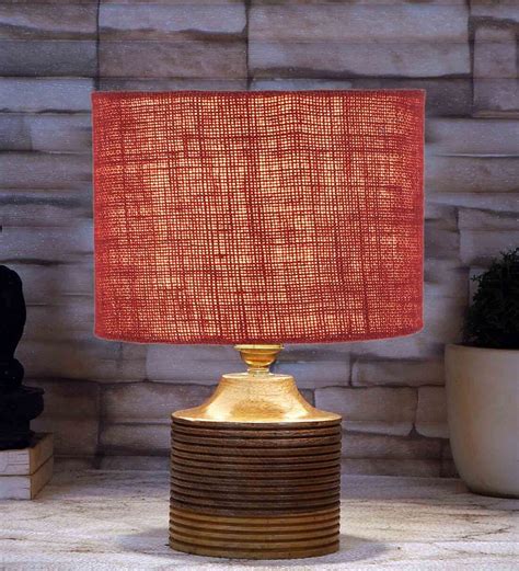 Buy Maroon Shade Table Lamp With Wood Base By New Era At Off By New