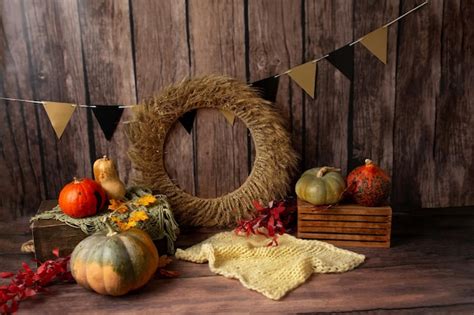 Premium Photo A Fall Wreath With A Wooden Box And A Pumpkin On It