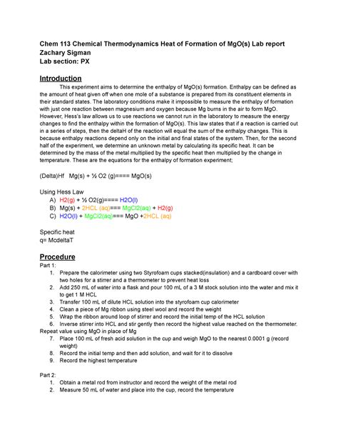 Chem Chemical Thermodynamics Heat Of Formation Of Mg O S Lab