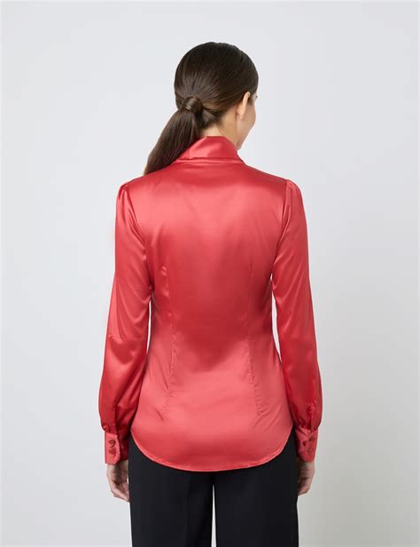 Women S Red Fitted Luxury Satin Blouse Pussy Bow Hawes Curtis