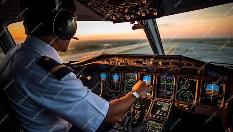 Premium AI Image | Pilot in the cockpit of a plane during flight at sunset