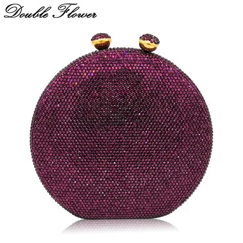 Double Flower Kiss Clasp Round Circular Women Purple Crystal Clutch