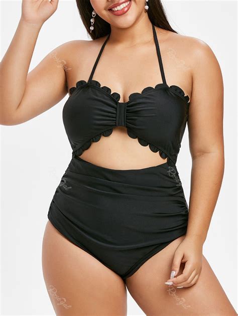 Plus Size Scalloped Ruched Backless One Piece Swimsuit 54 Off Rosegal