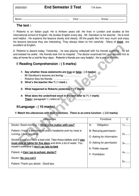 End Semester 2 Test 7 Th Form For Tunisian Pupils ESL Worksheet By