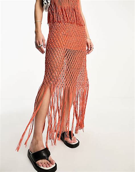 Asos Design Rope Crochet Midi Skirt With Fringing In Orange Part Of A Set Asos