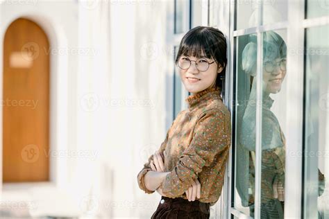 Portrait Young Thin Glasses Smiling Woman Looking Camera Crossed Arms Happy Girl Standing In