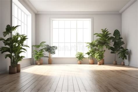 Minimalist Empty Room With White Wall And Wooden Floor And Indoor Green