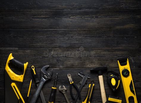 The Layout Of Tools On White Wooden Stock Photo Image Of Level