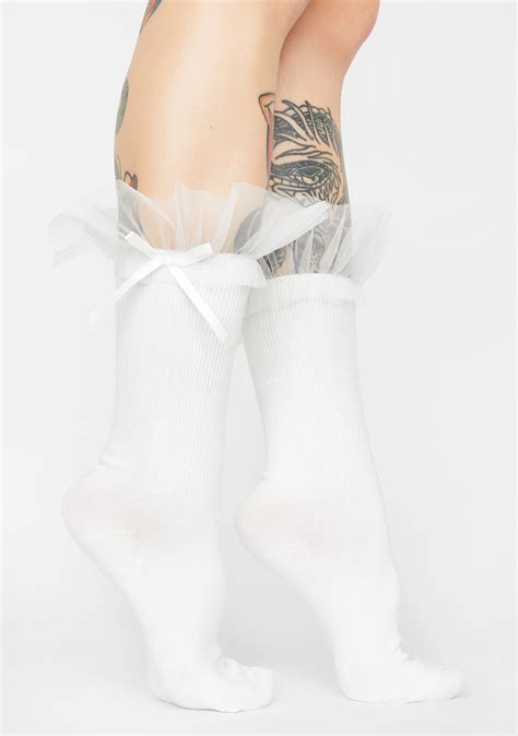 Sheer Ruffle Tall Crew Socks White Dolls Kill