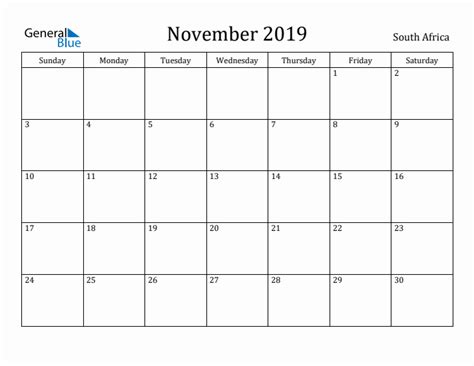 November 2019 Monthly Calendar With South Africa Holidays