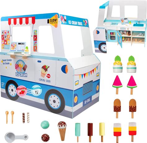 Ice Cream Truck Wooden Playset 20 Fun Toy Pieces Including Freezer Steering Wheel