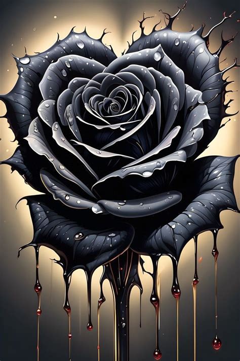 Black Rose Painting With Water Drops