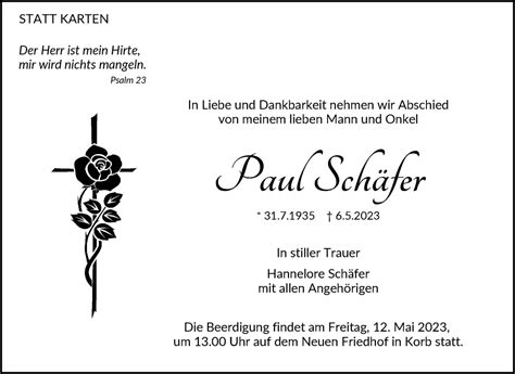 Traueranzeigen Von Paul Sch Fer Zvw Trauer