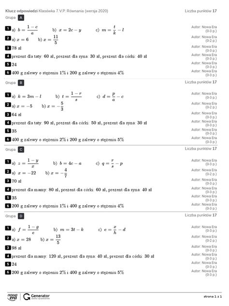 B A X M T K X X Klucz Odpowiedzi Klasówka 7 V P Równania Wersja 2020 Pdf