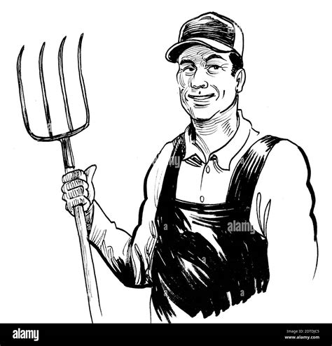 Farmer With Racks Ink Black And White Drawing Stock Photo Alamy