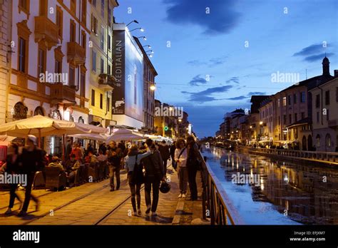 Restaurants and bars along a canal, Navigli quarter, Milan, Lombardy ...