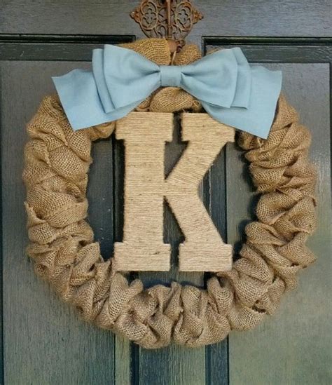 Burlap Wreath With Big Pale Blue Burlap Bow Twine Wrapped Monogram