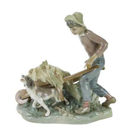 At Auction Lladro Porcelain Statue Boy Dog And Wheel Barrel